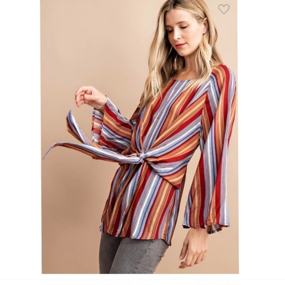 KORI BOHO Tie Detail Mocha Striped Tunic - Picture 4 of 16